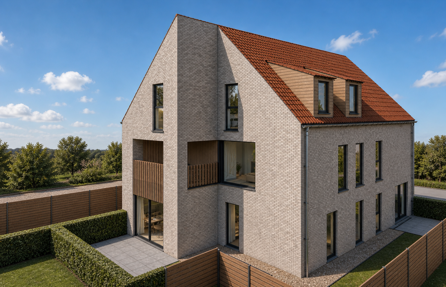 Tuinzijde van Residentie Eliz met terrassen en groene omkadering